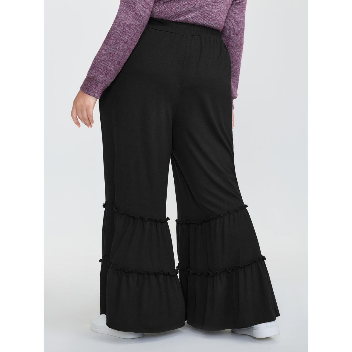 Plus Size Stretchy Ruffled Hem Tiered Pants Women Black Leisure Loose Mid Rise Casual Pants BloomChic 14-16/1X Product Image