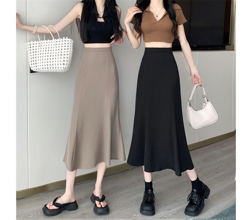 High Rise Plain Midi A-Line Skirt Product Image