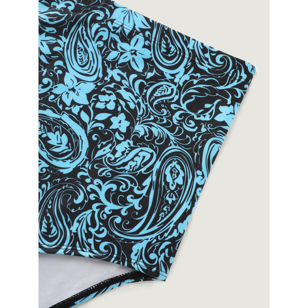 Plus Size Paisley Print Twist Front Swim Dress Women's Swimwear Teal Resort Bodycon U-neck High stretch Curve Swim Dresses BloomChic 14-16/1X Product Image