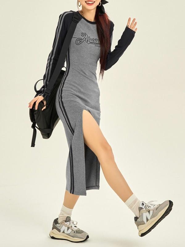 Letter Print Piping Detail Slit Midi Dress Product Image