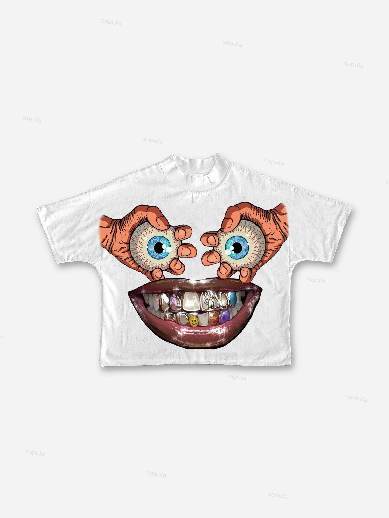 Eyes, Lips, Braces Retro Cartoon Graphic Cropped T-shirt Product Image