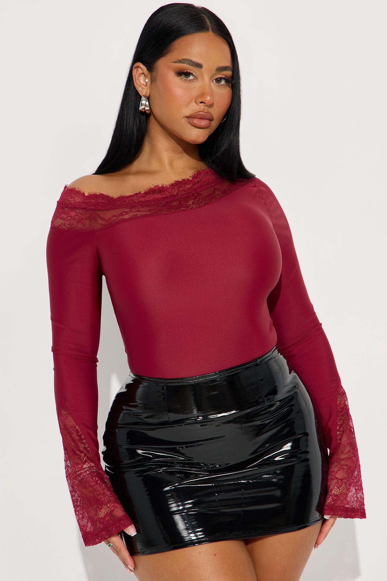Château Living Off Shoulder Lace Trim Bodysuit - Burgundy Female Product Image