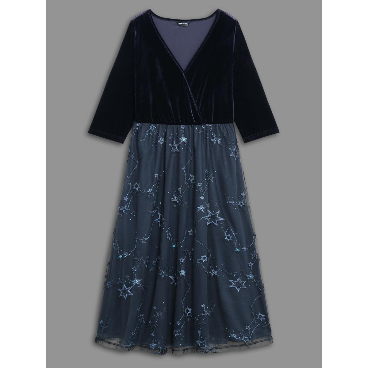 Plus Size Velvet Star Mesh Surplice Neckline Midi Dress DarkBlue Women Cocktail Texture Party Curvy Bloomchic 22-24/3X Product Image