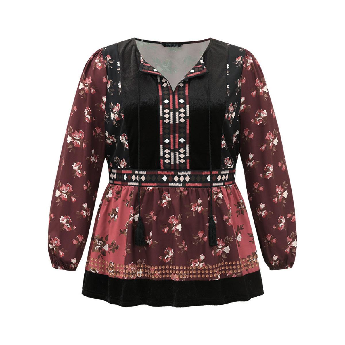 Plus Size Scarlet Velvet Floral Contrast Knot Neck Tassel Blouse Women Vacation Long Sleeve Tie Neck Dailywear Blouses BloomChic 14-16/1X Product Image
