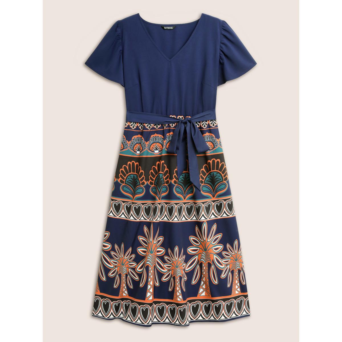 Plus Size Boho Print Patchwork Ruffle Sleeve Dress DarkBlue Women Resort Belted V-neck Short sleeve Curvy BloomChic 12/L Product Image