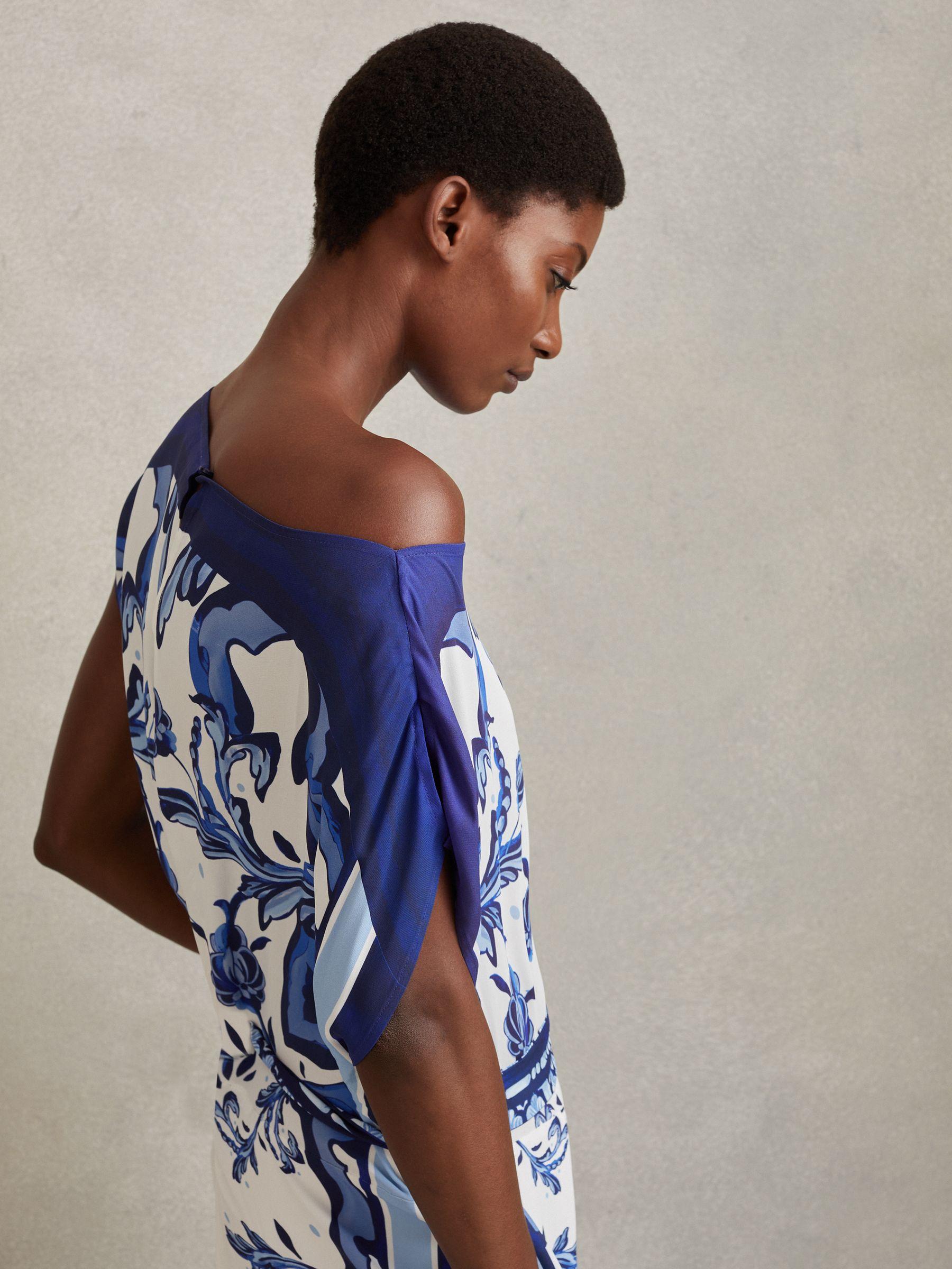 Tile Print Off-The-Shoulder Jumpsuit in Blue Product Image