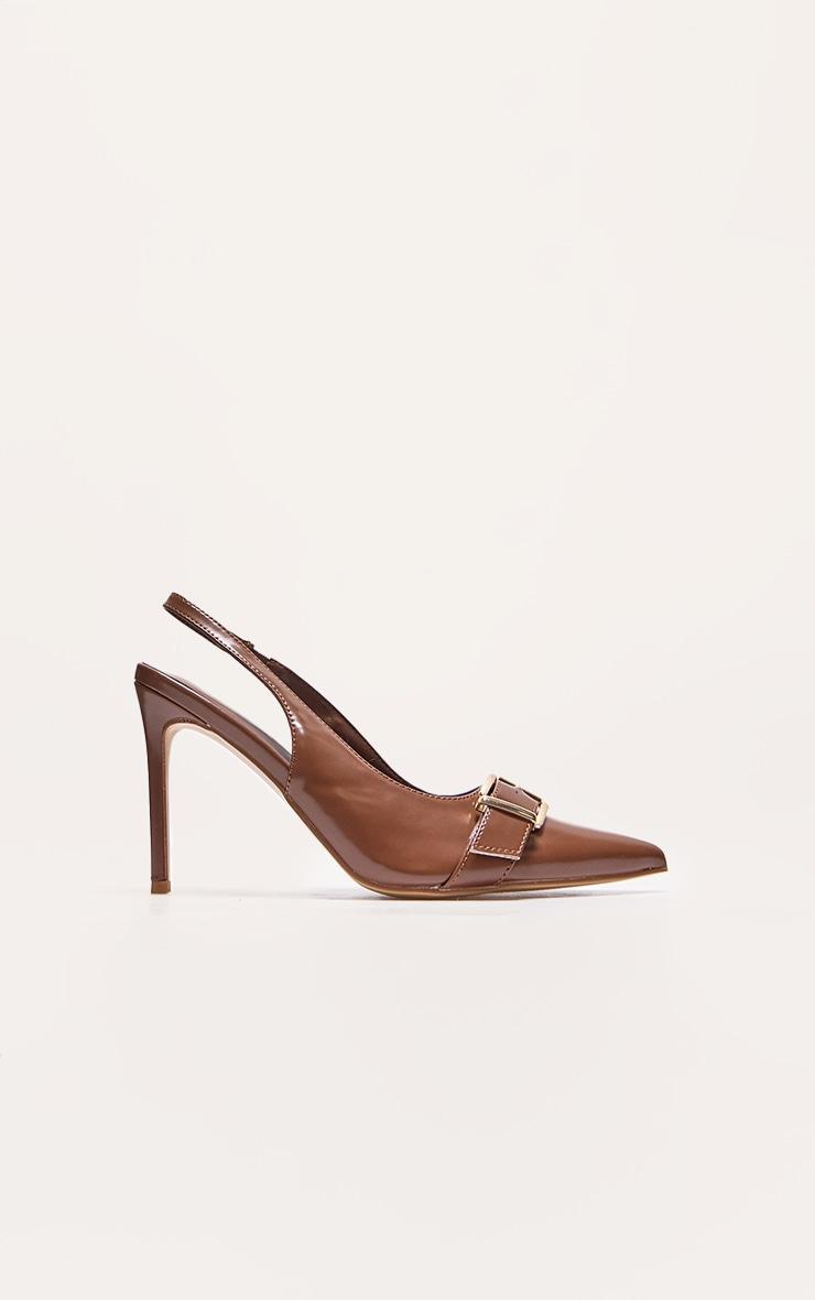 Brown PU Wide Fit Buckle Detail Stiletto High Heel Sling Back Court Heels Product Image