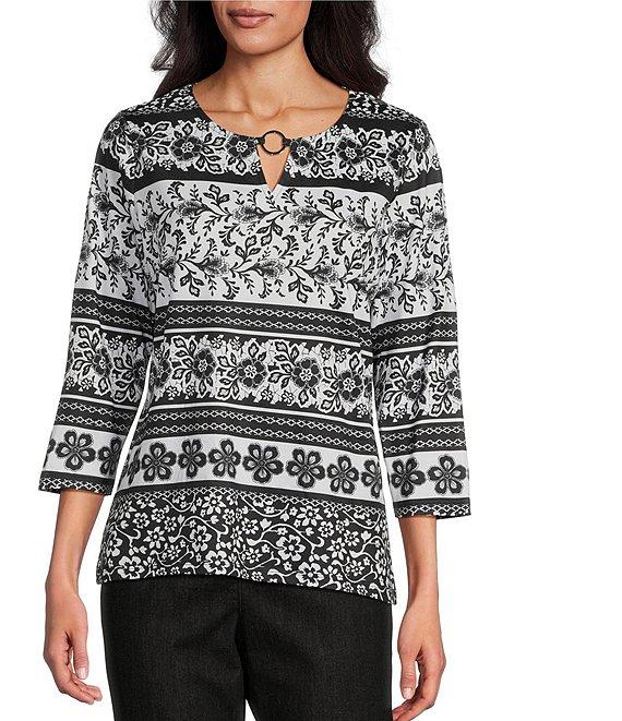 Allison Daley Floral Stripe 3/4 Sleeve Keyhole Neck Knit Top Product Image