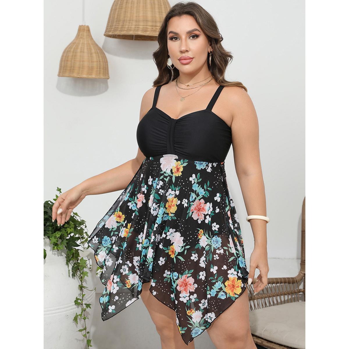 Plus Size Floral Patchwork Ruched Front Hanky Hem Swim Dress Women's Swimwear BlackFlower Vacation Bodycon High stretch Curve Swim Dresses BloomChic 10/M Product Image
