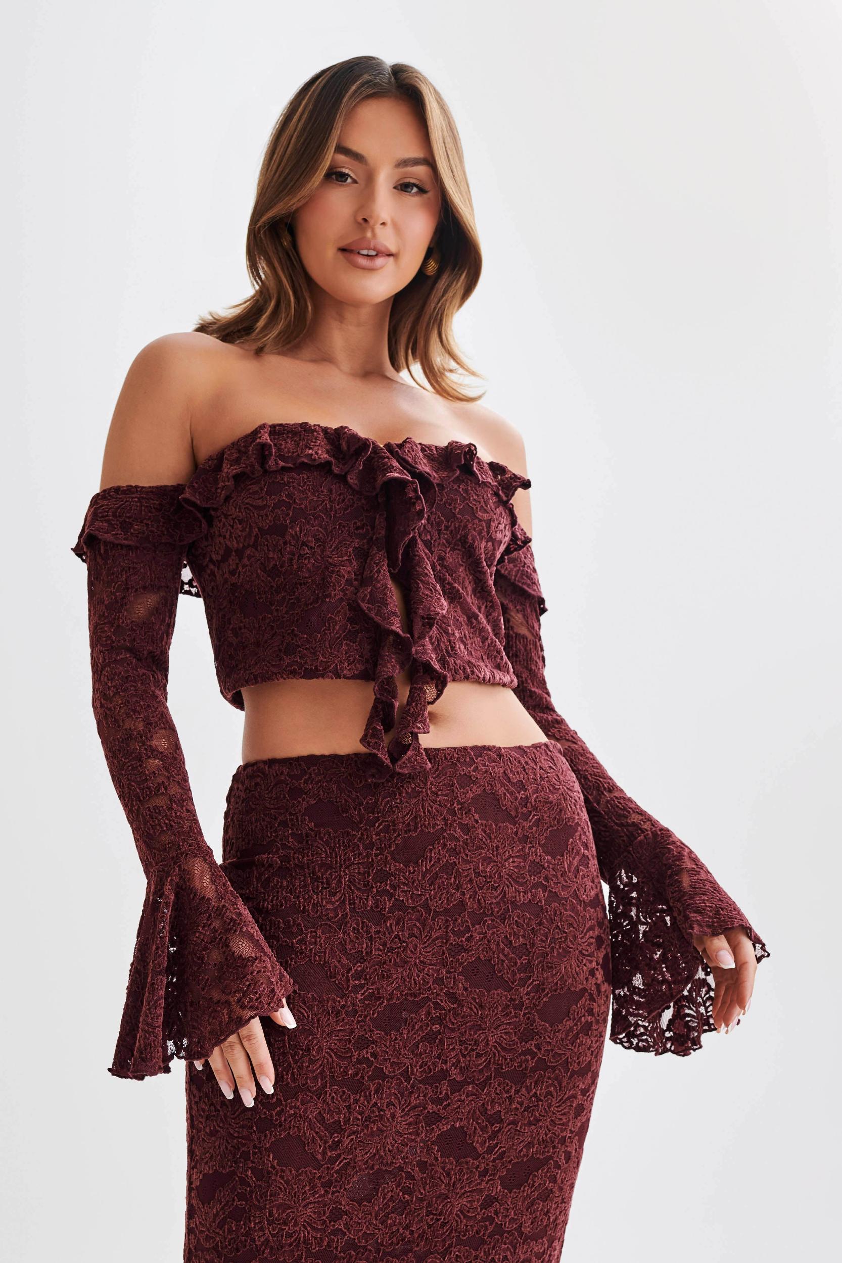 Artemis Lace Plisse Off Shoulder Top - Plum Product Image