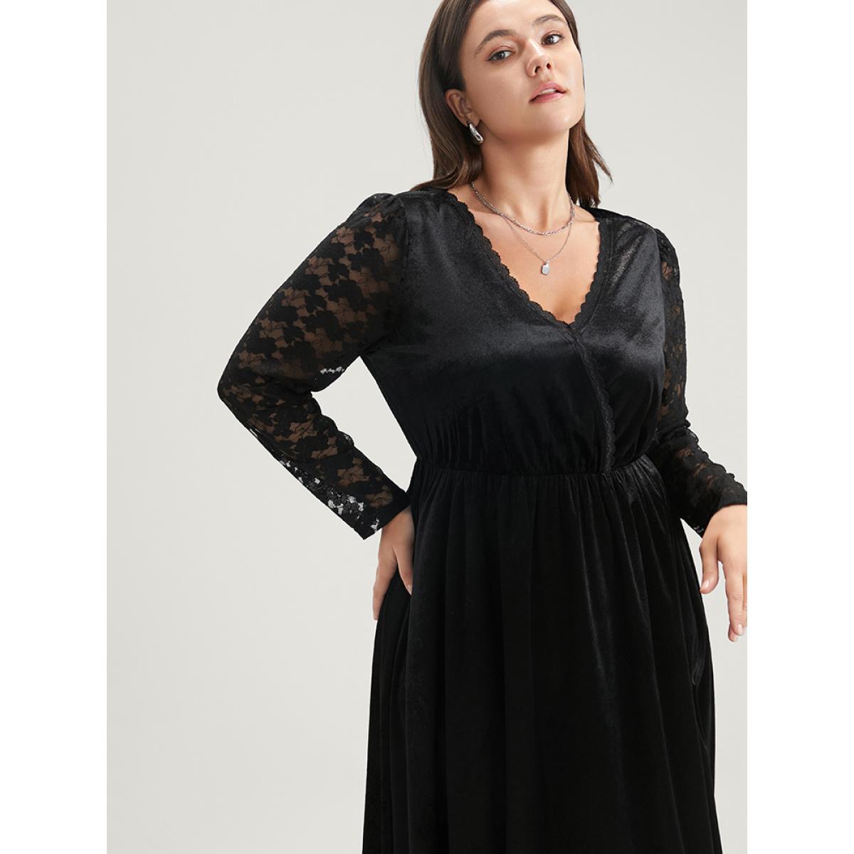 Plus Size Solid Wrap Contrast Lace Velvet Midi Dress Black Women Party Patchwork V-neck Long Sleeve Curvy Midi Dress BloomChic 22-24/3X Product Image
