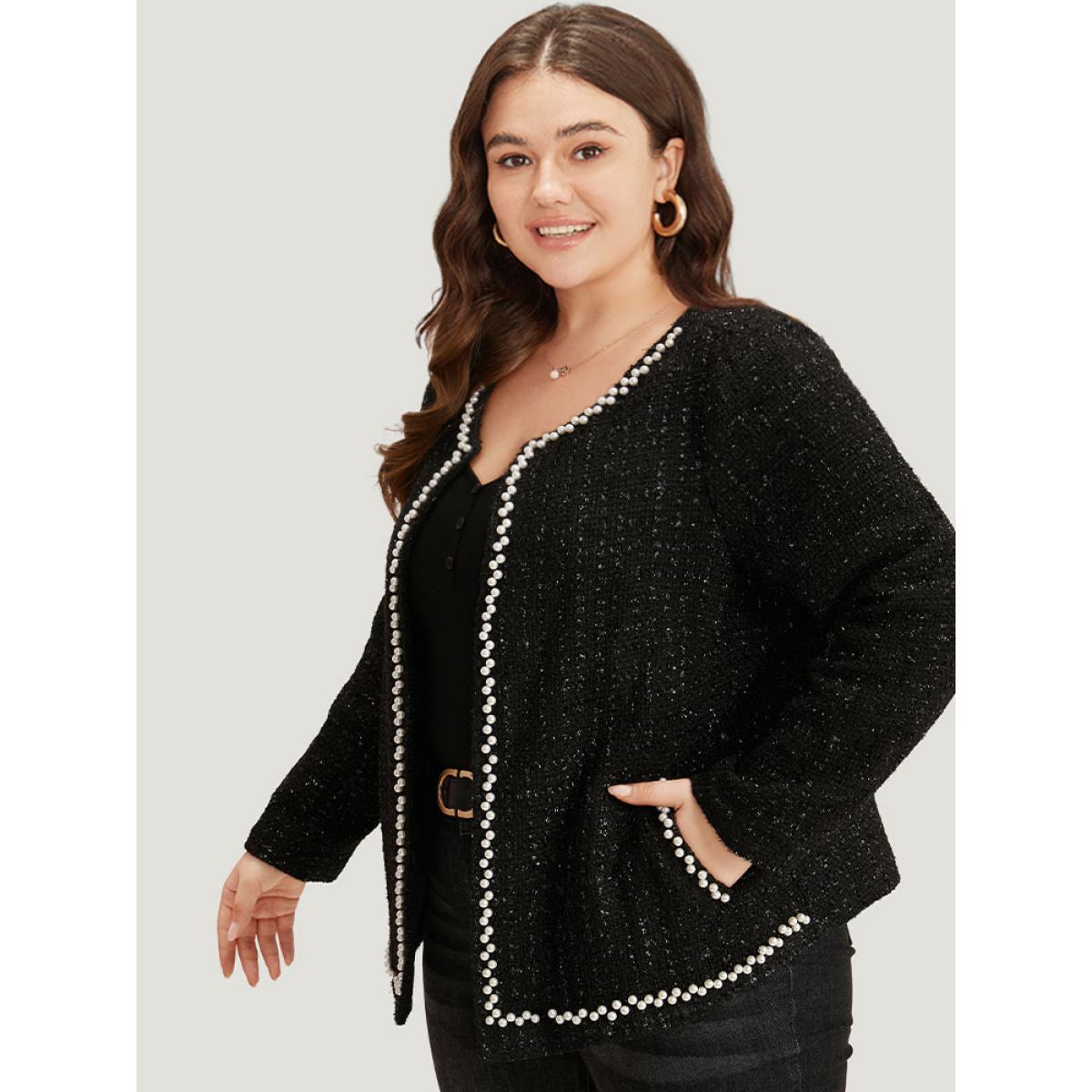 Plus Size Pearl Tweed Beaded Texture Pocket Blazer Women Black Elegant Texture Ladies Dailywear Winter Coats BloomChic 30/6X Product Image