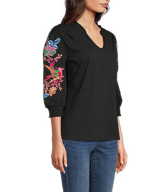 Calessa Embroidered Split V-Neck Balloon Sleeve Tunic Product Image