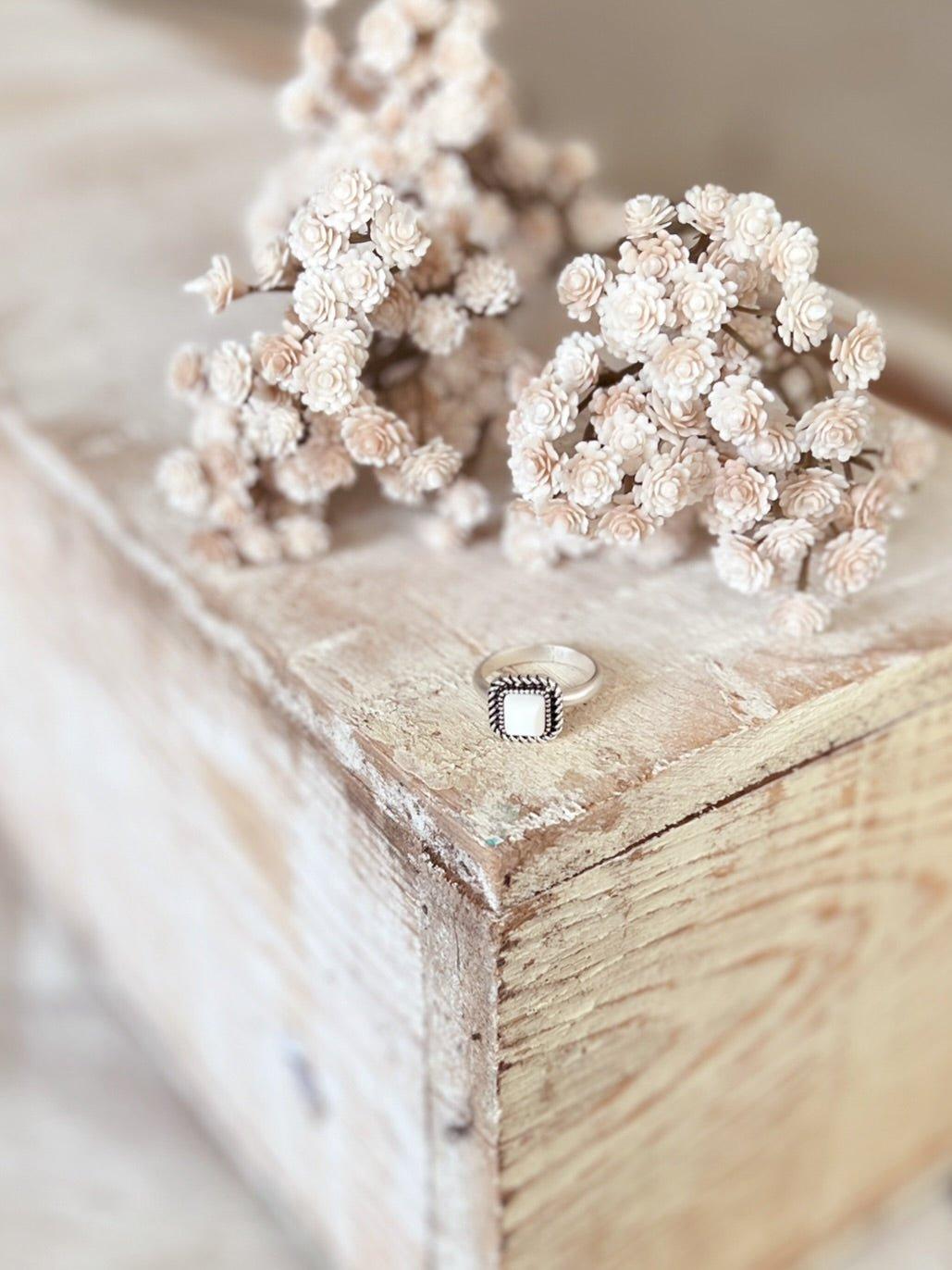 Dainty White Turquoise Square Stone Adjustable Ring Product Image