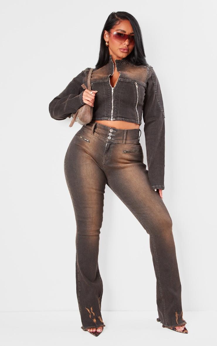 Shape Washed Brown Denim High Waisted Ripped Hem Jeans Product Image