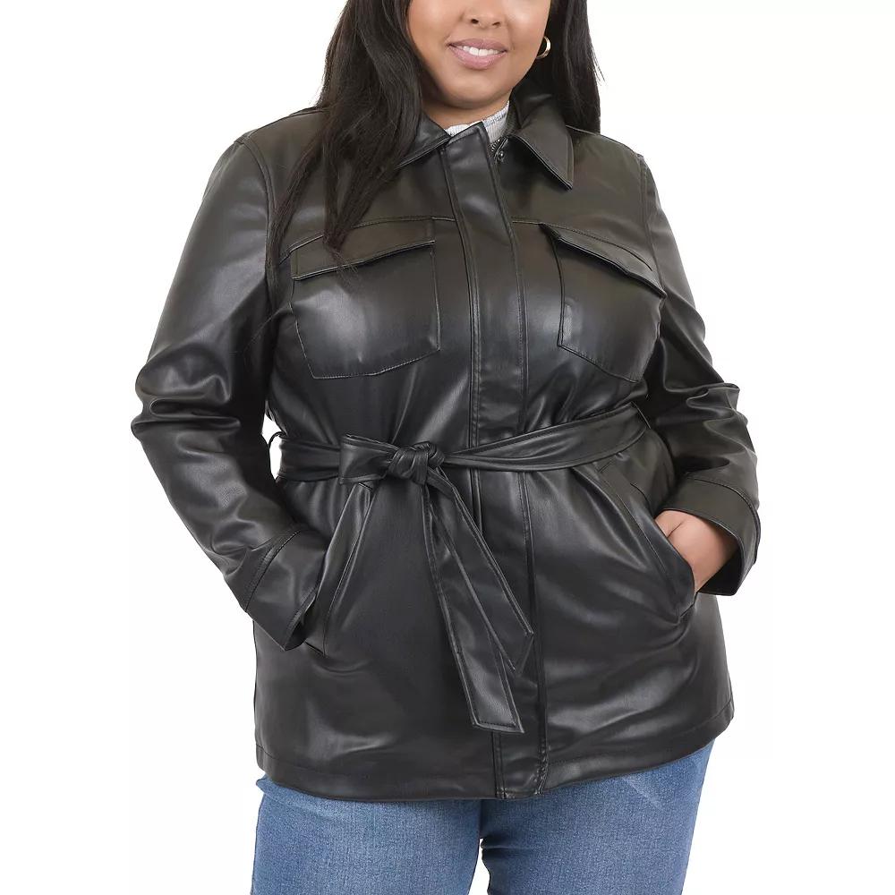 Plus Size Juniors Coffee Shop Faux Leather Jacket, Womens Product Image
