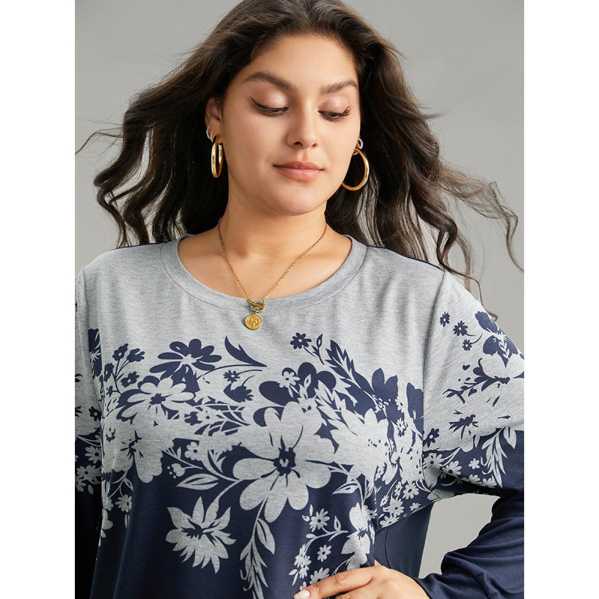 Plus Size Silhouette Floral Print Contrast Round Neck Sweatshirt Women Indigo Casual Contrast Round Neck Dailywear Sweatshirts BloomChic 12/L Product Image