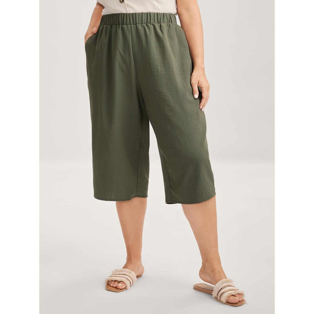 Plus Size Stretchy Waist Straight-Leg Capri Pants Women ArmyGreen Boho Straight Leg Mid Rise Vacation Pants BloomChic 12/L Product Image