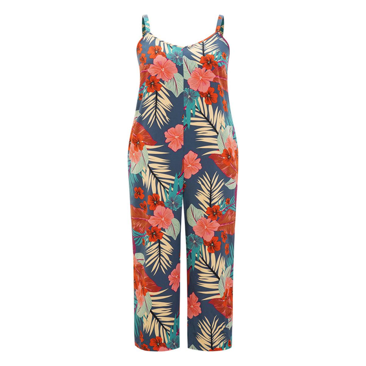 Plus Size Indigo Floral Print Pocket Cami Jumpsuit Women Elegant Sleeveless Spaghetti Strap Dailywear Loose Jumpsuits BloomChic 22-24/3X Product Image