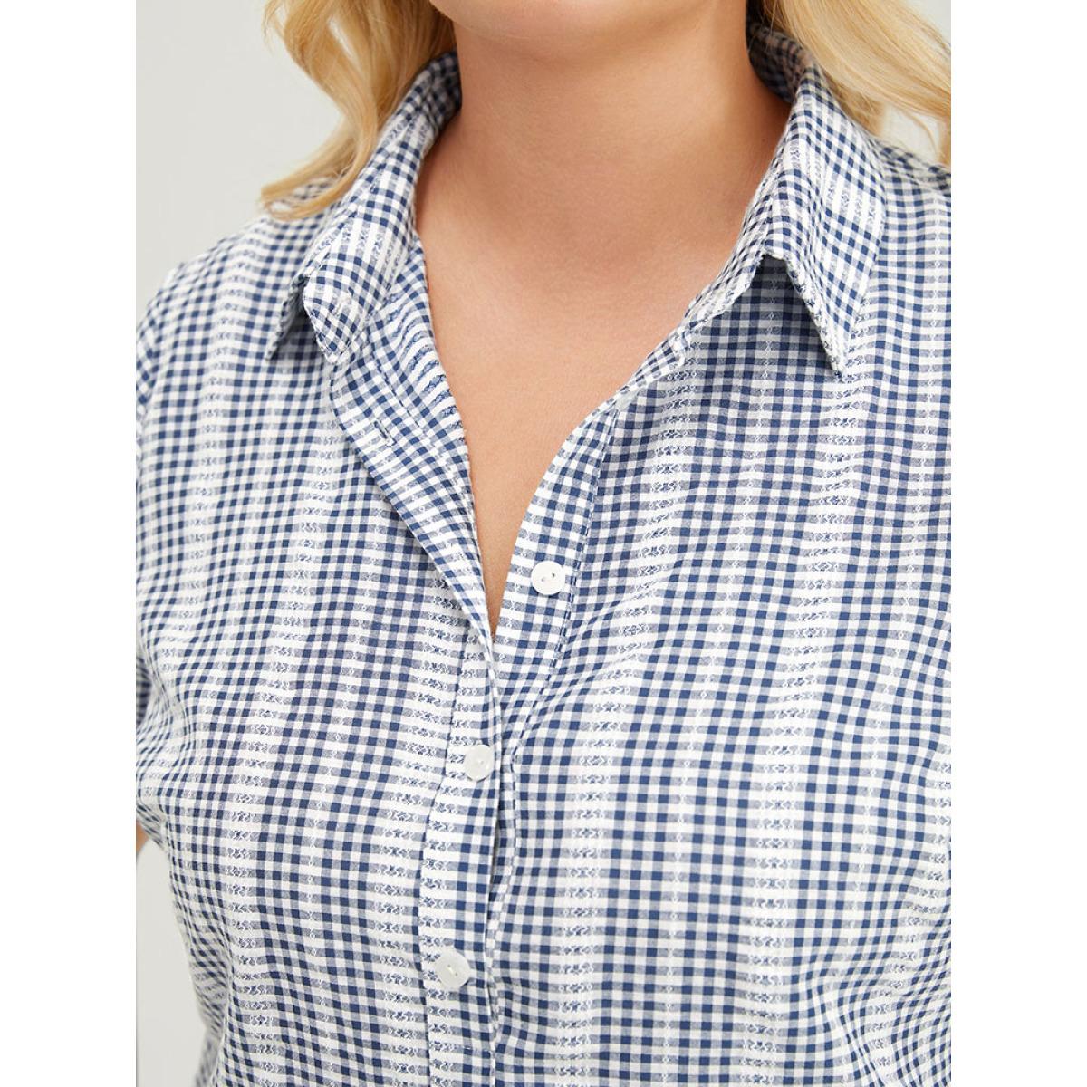 Plus Size Stone Plaid Shirt Collar Button Up Cuffed Sleeve Split Blouse Women Office Short sleeve Shirt collar Work Blouses BloomChic 22-24/3X Product Image