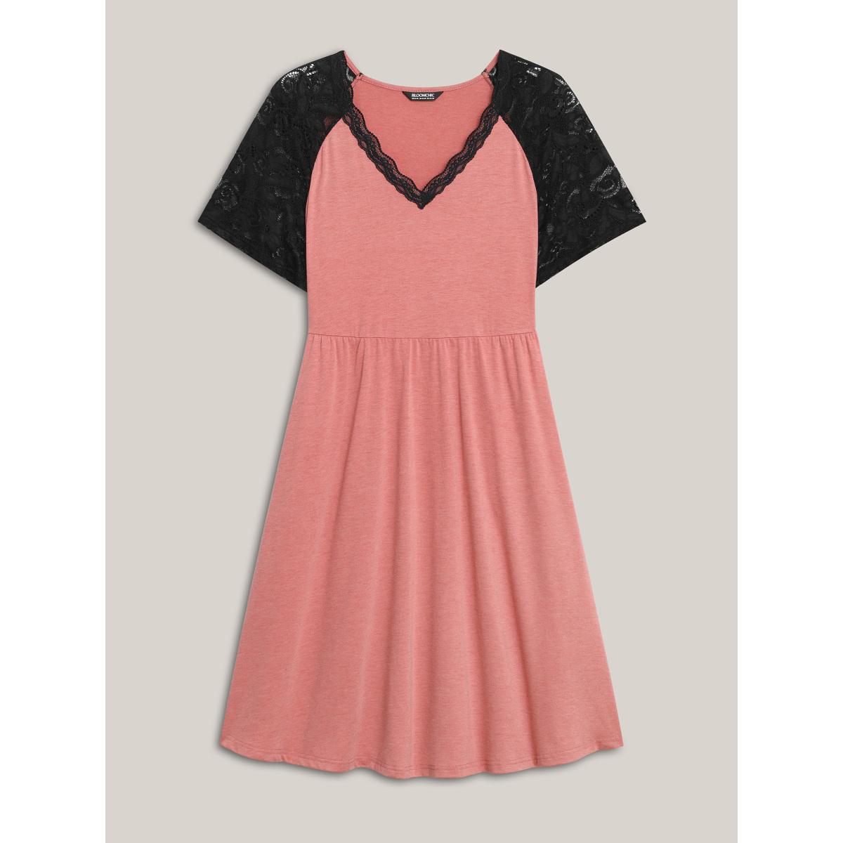 Plus Size Stretchy Color Contrast V-Neck Midi Dress Watermelon Women V-neck Short sleeve Curvy BloomChic 18-20/2X Product Image