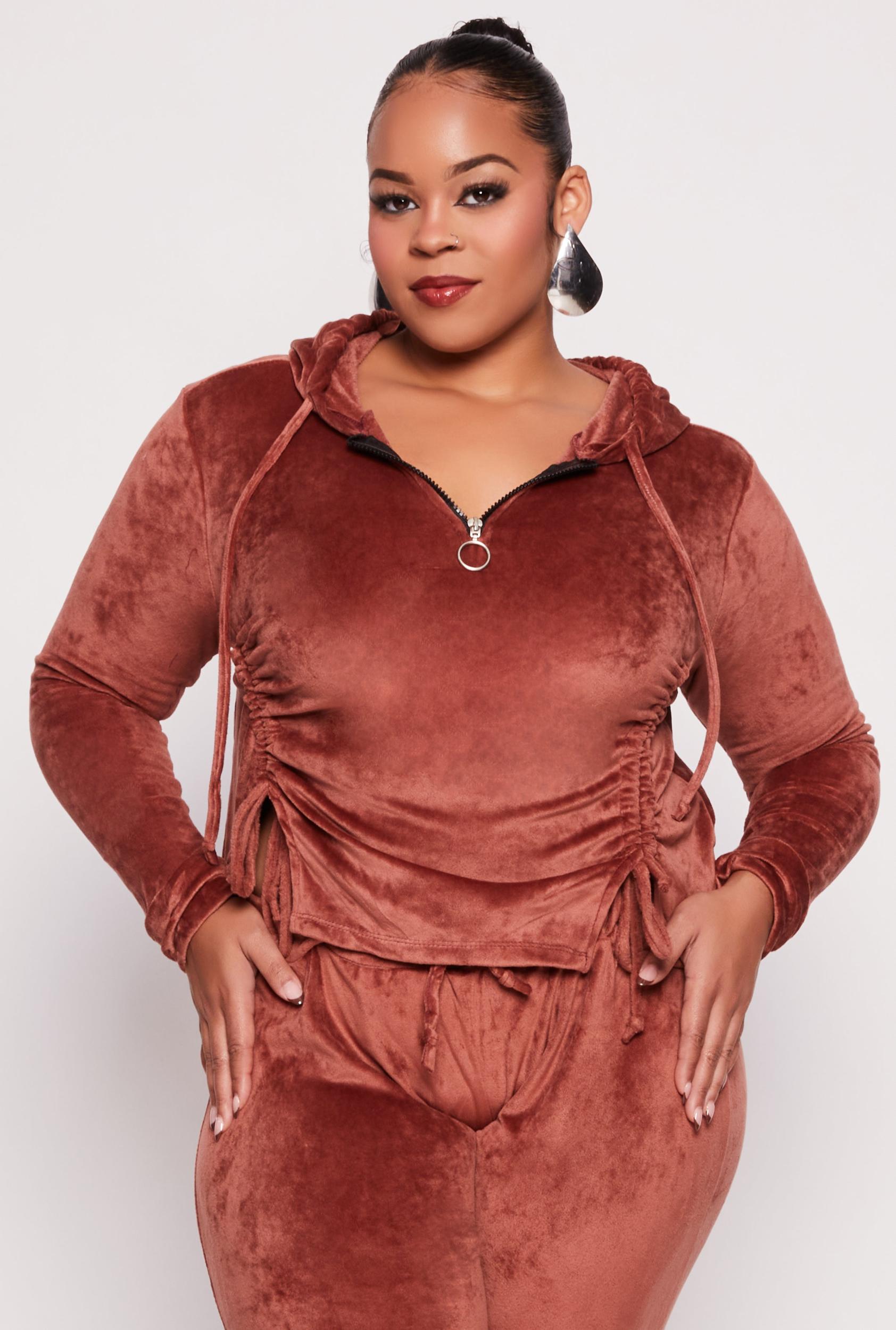 Womens Plus Size Velour Ruched Half Zip Hoodie Product Image