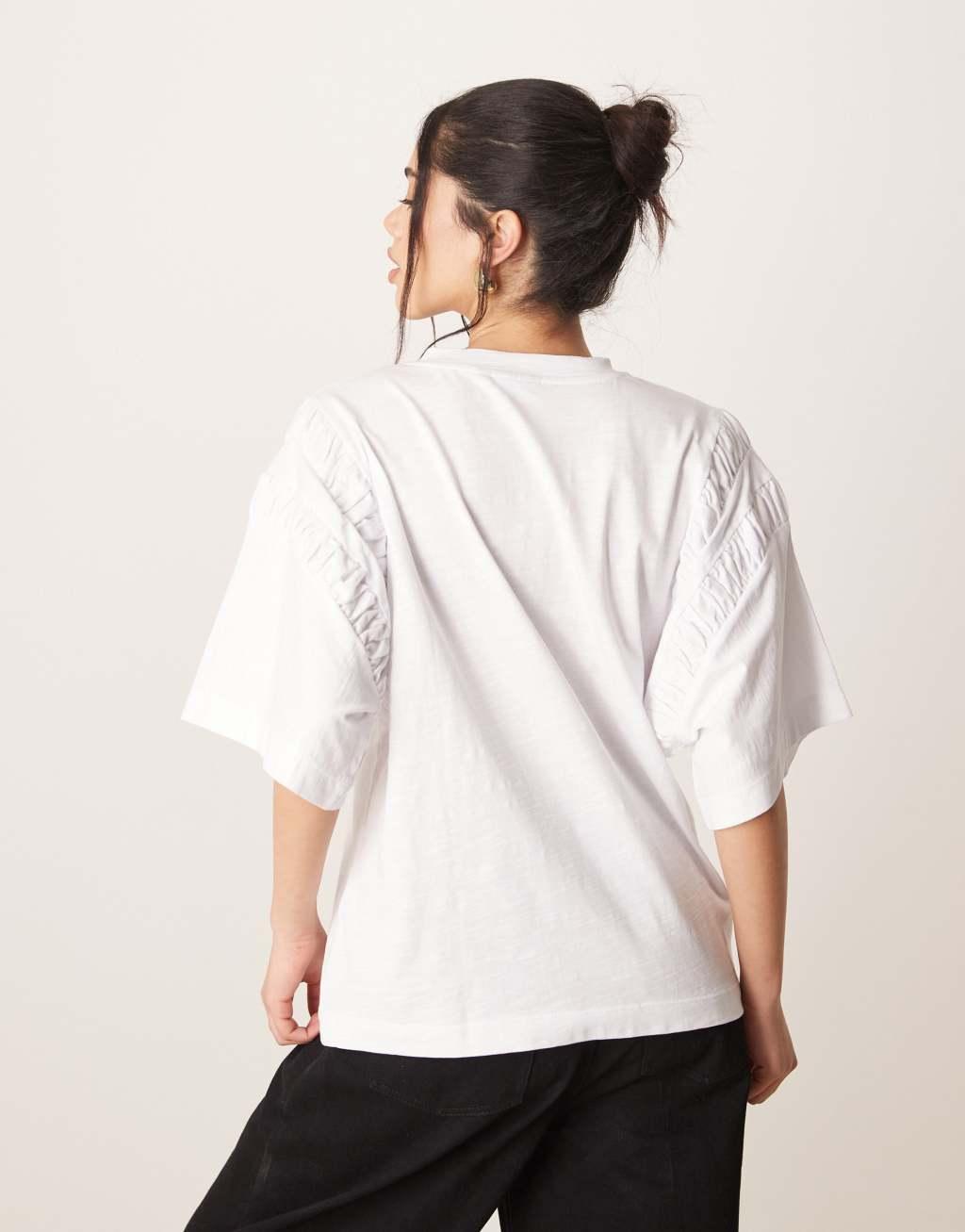 ASOS DESIGN oversized t-shirt with ruched sleeve detail in white Product Image