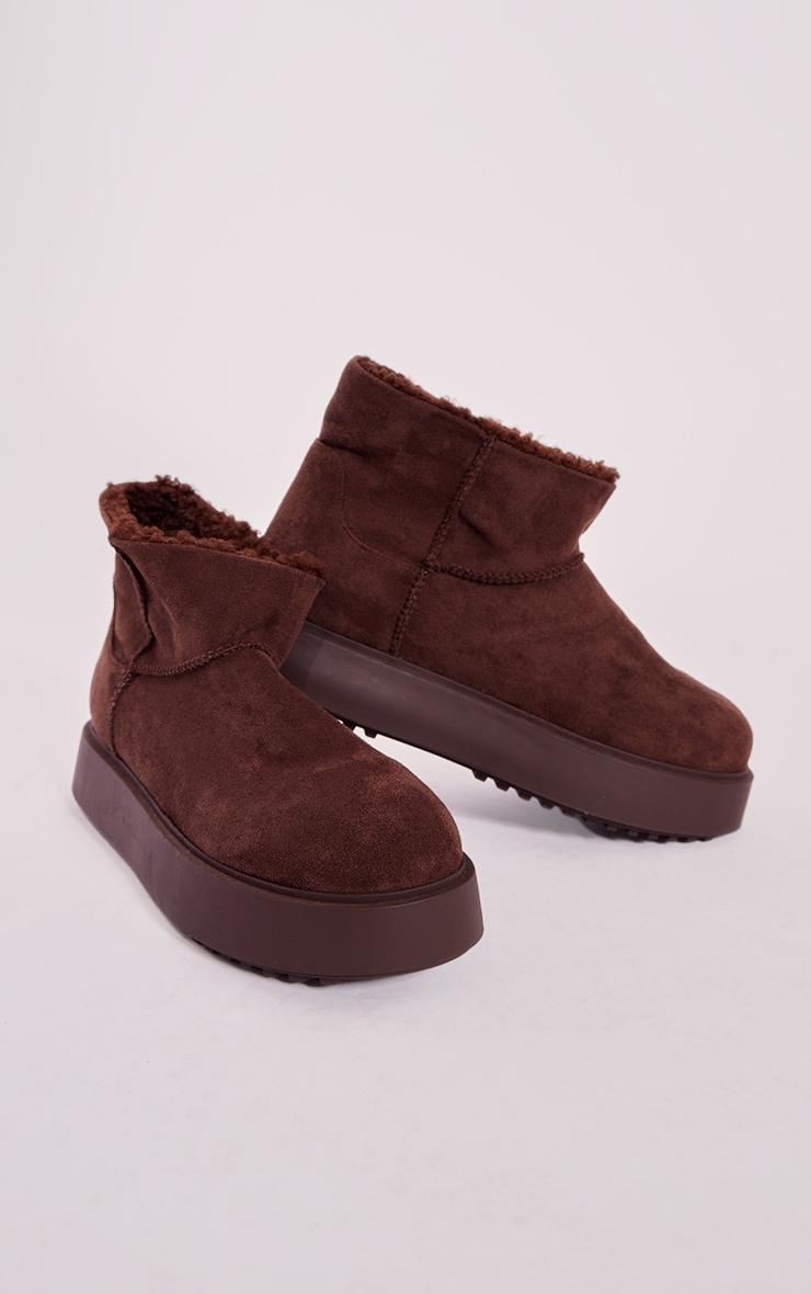 Chocolate Faux Suede Round Toe Thick Flat Sole Ankle Boots Product Image