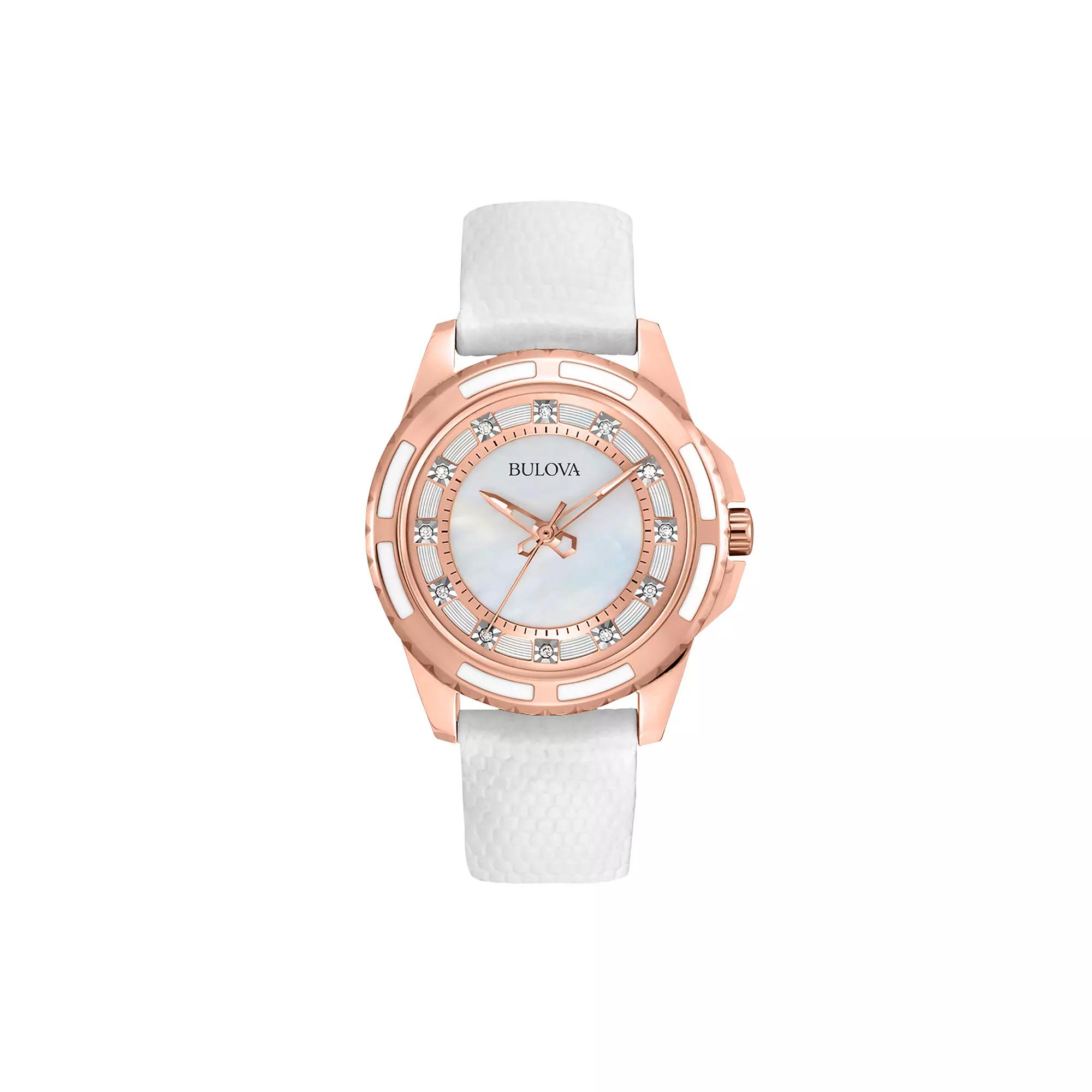 Bulova Stainless Steel Rose Gold Tone Diamond Accent & Mother-of-Pearl Leather Watch - 98P119 - Women, Women's,  Product Image