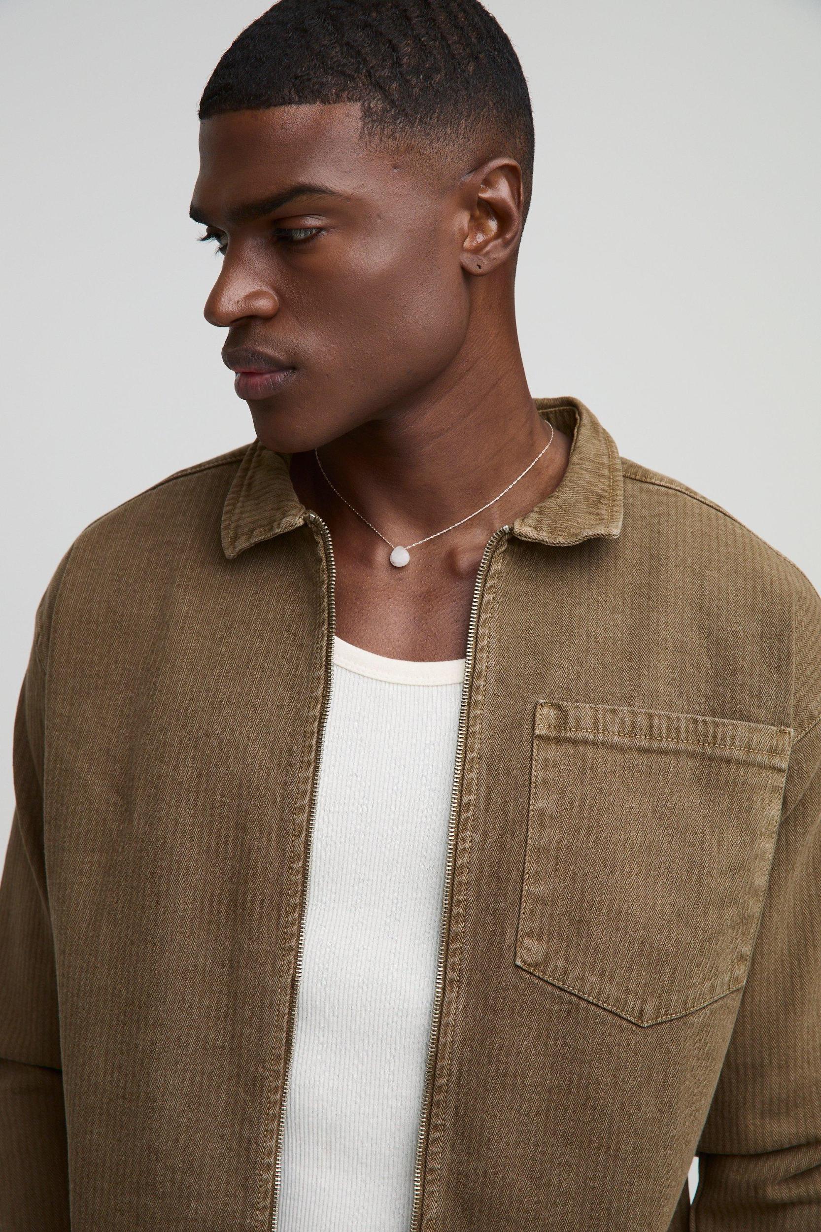 Relaxed Herringbone Twill Harrington Jacket | boohooMAN USA Product Image