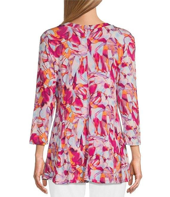 Intro Knit Jersey Watercolor Print Scoop Neck 3/4 Sleeve Flare Hem Top Product Image