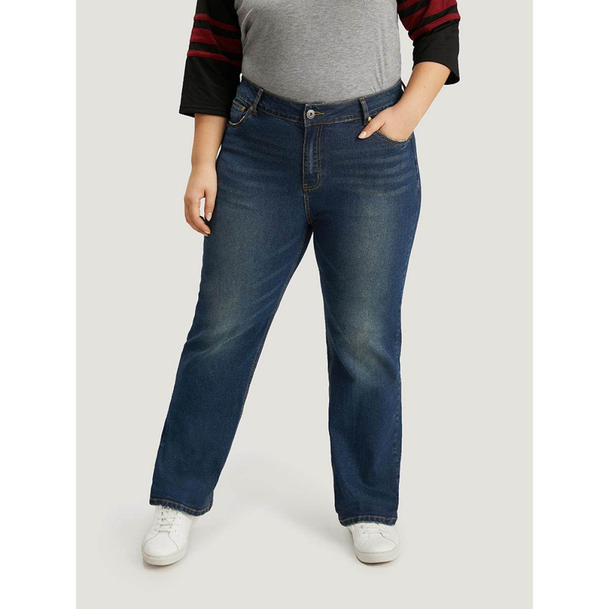 Plus Size Plain Roll Hem Medium Wash Full Length Jeans Women Indigo Casual Plain Plain High stretch Pocket Jeans BloomChic 26/4X Product Image