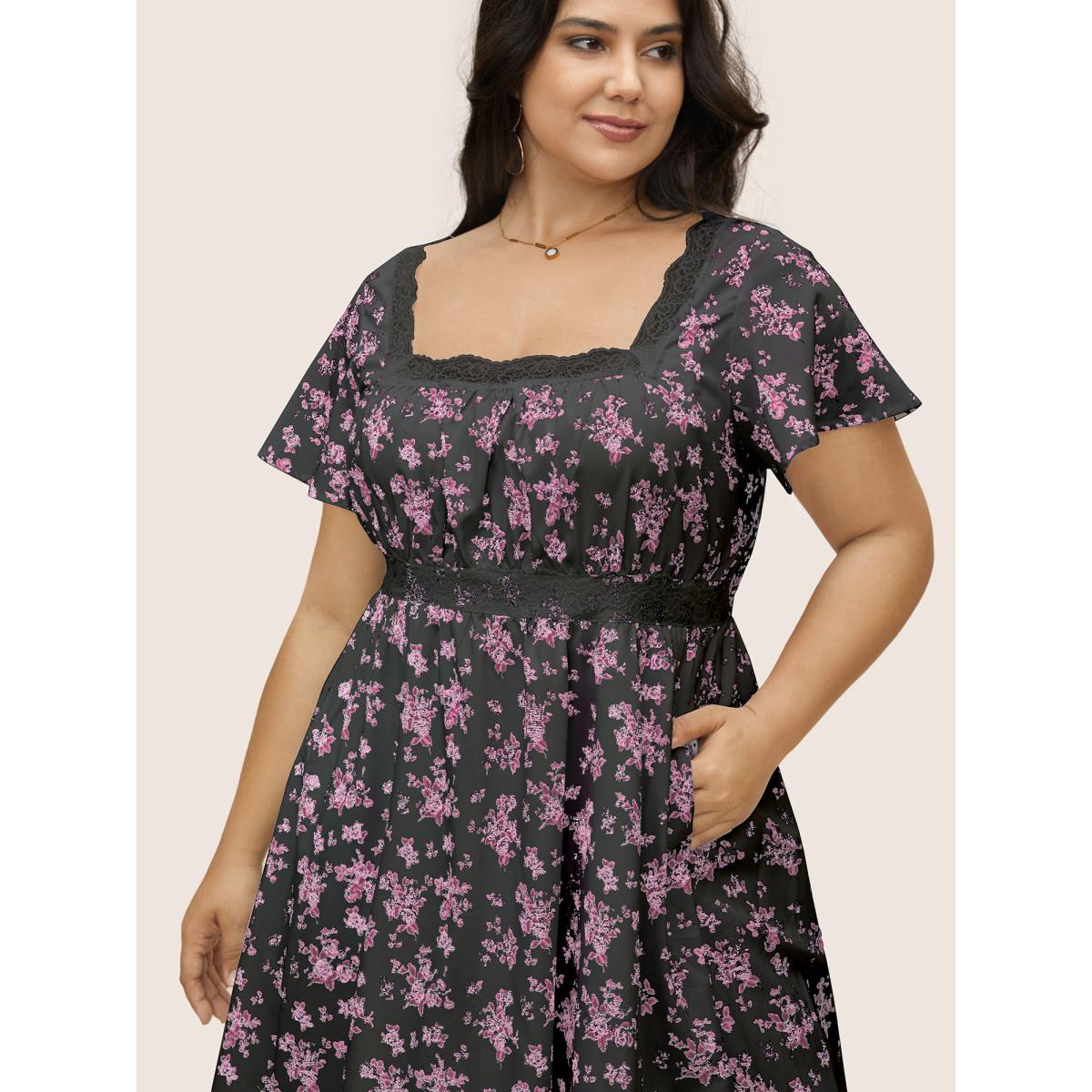 Plus Size Square Neck Lace Panel Pocket Dress Black Women Elegant Woven ribbon&lace trim Square Neck Short sleeve Curvy BloomChic 26/4X Product Image