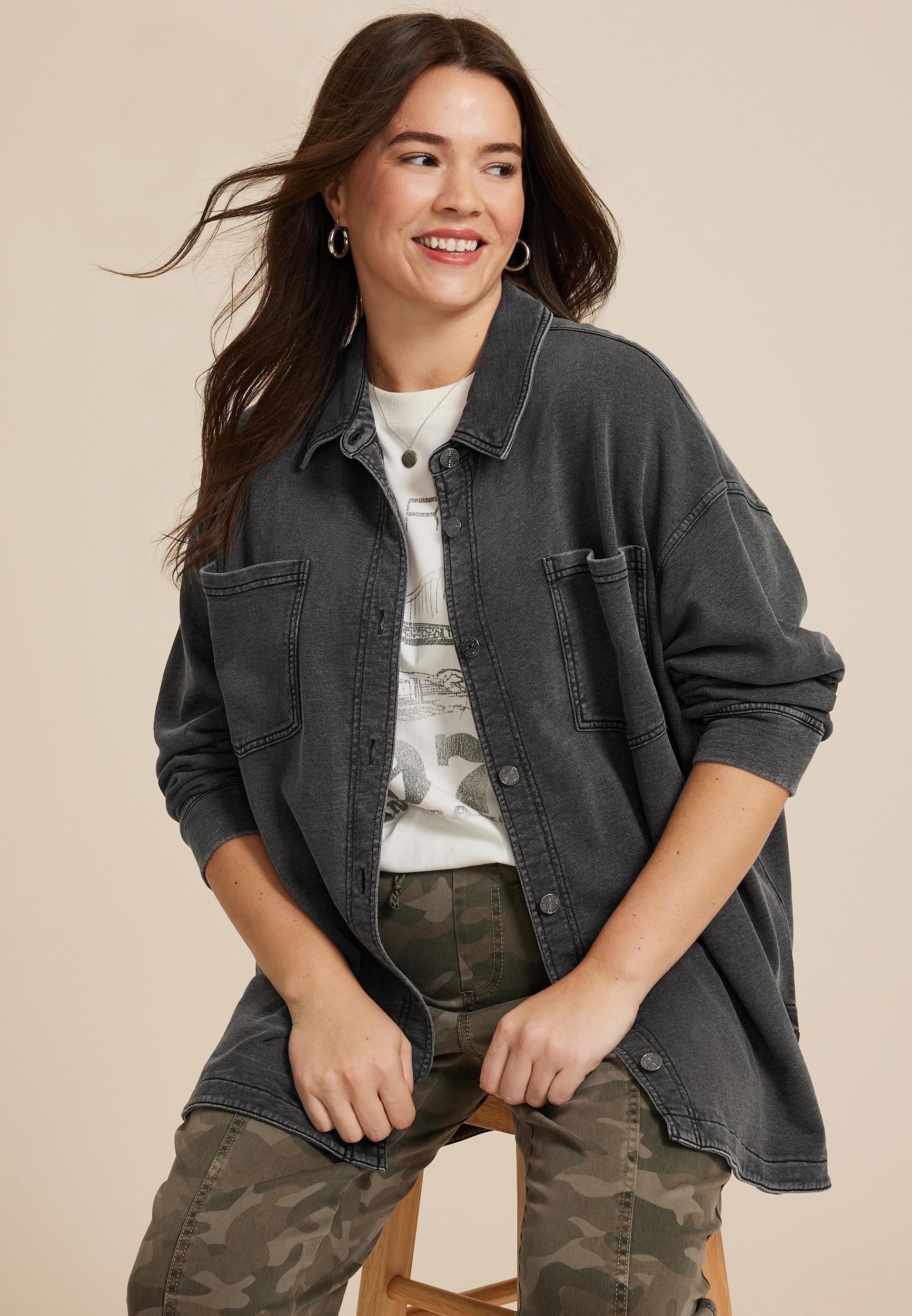 Maurices Plus Size Womens Washed Knit Pink Denim Shacket Size 4X Product Image