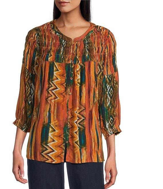 Intro Petite Size Crinkle Gauze Ikat Print Crew Neck 3/4 Sleeve Smocked Detail Button-Front Blouse Product Image