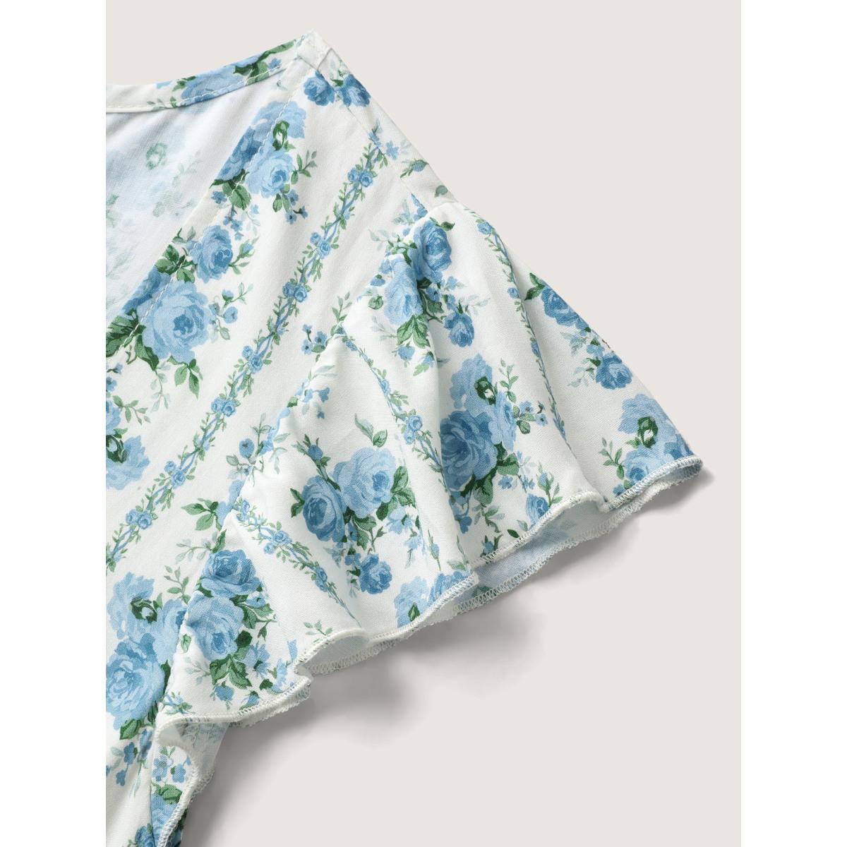 Plus Size Floral Stripe Flutter Sleeve Maxi Dress Mediumblue Women Heart neckline Cap Sleeve Curvy BloomChic 28/5X Product Image