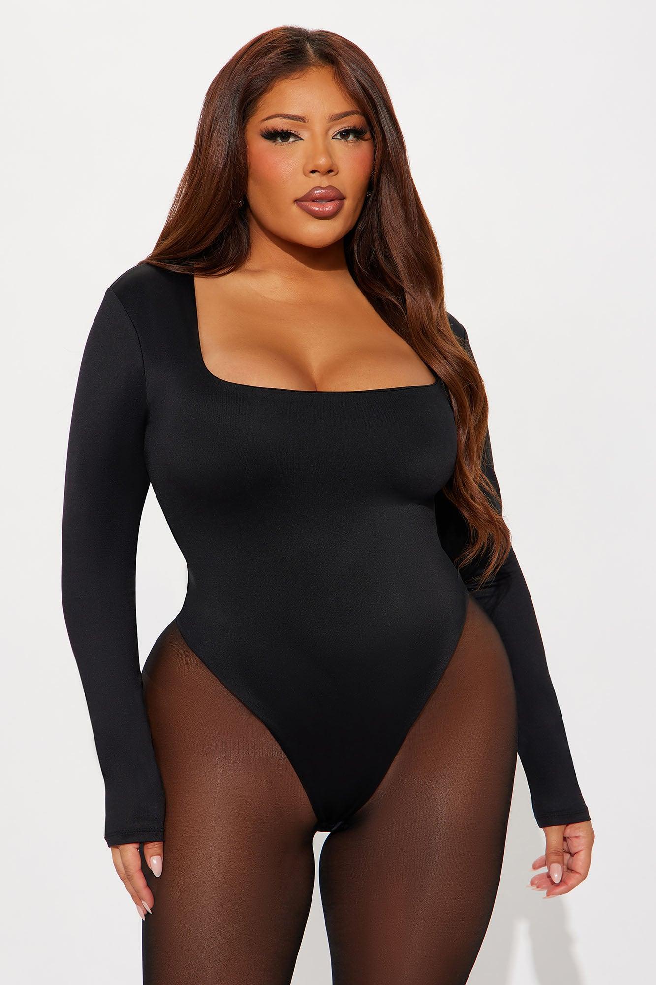 Contour Double Lined Long Sleeve Square Neck Bodysuit - Black Female Product Image