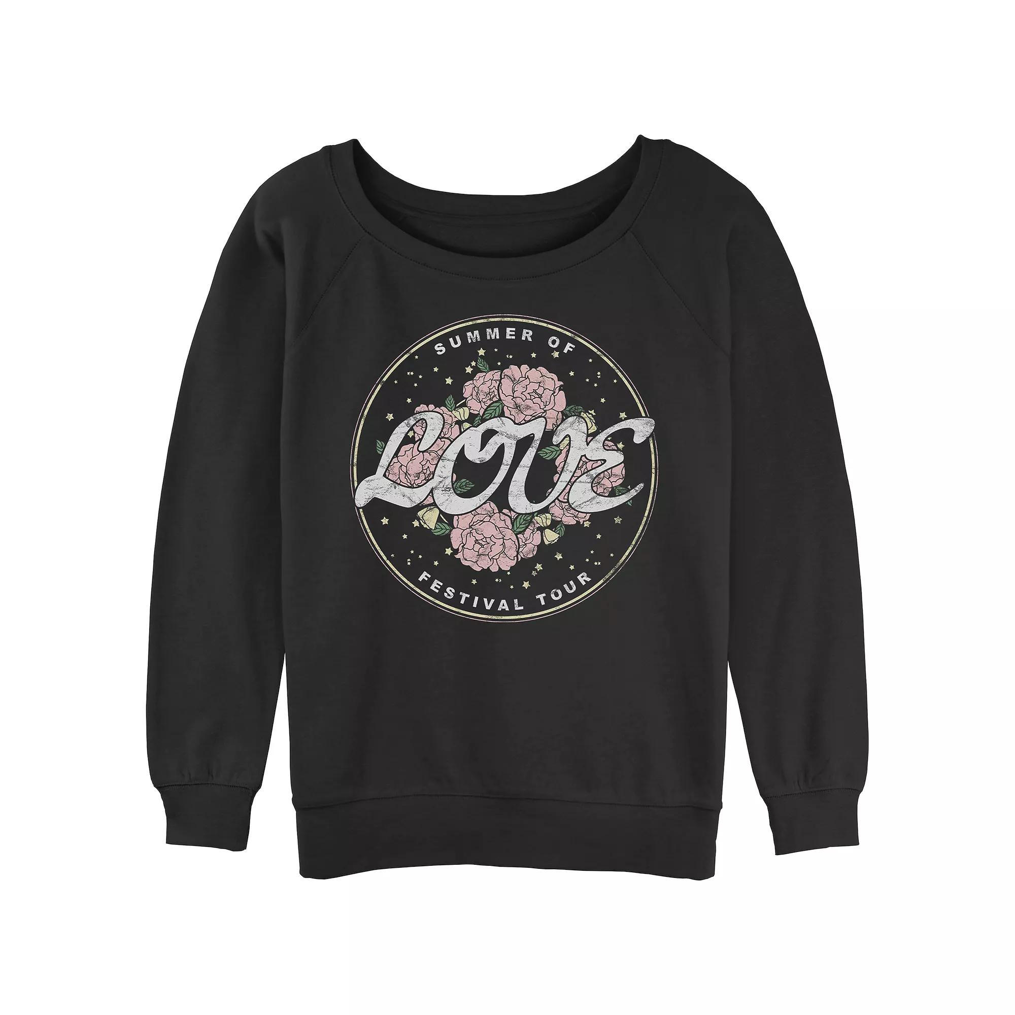 Juniors' Summer Of Love Festival Tour Stamp Slouchy Terry Graphic Pullover, Women's, Size: Medium, Black Product Image