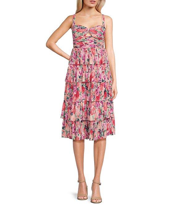 Honey and Rosie Pleated Floral Print Sleeveless Sweetheart Neck Keyhole Tiered Dress Product Image