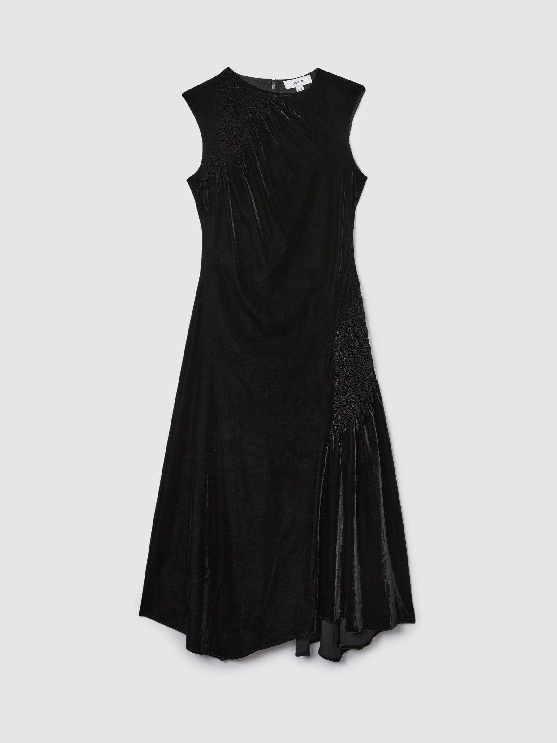 Velvet Shirred Panel Midi Dress in Black Product Image
