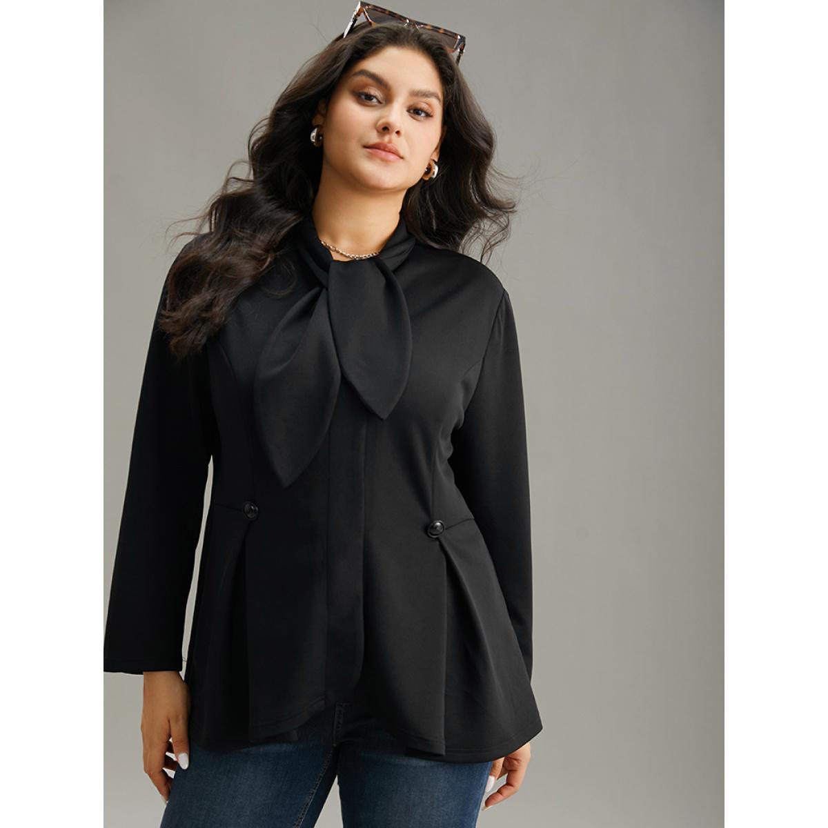 Plus Size Plain Button Detail Asymmetrical Ties Blazer Black Women Dailywear Plain Plain Sleeve Long Sleeve Asymmetrical Neck 18-20/2X Elegant Blazers BloomChic Product Image