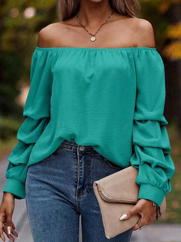 Long Sleeves Loose Elasticity Pleated Solid Color Off-The-Shoulder Blouses&Shirts Tops Product Image