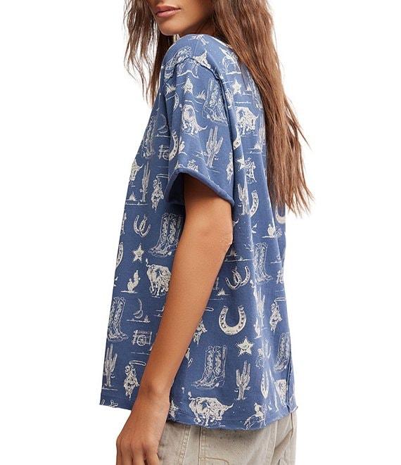 Free People Painted Floral Navy Western Printed Crew Neck Short Sleeve Tee Product Image