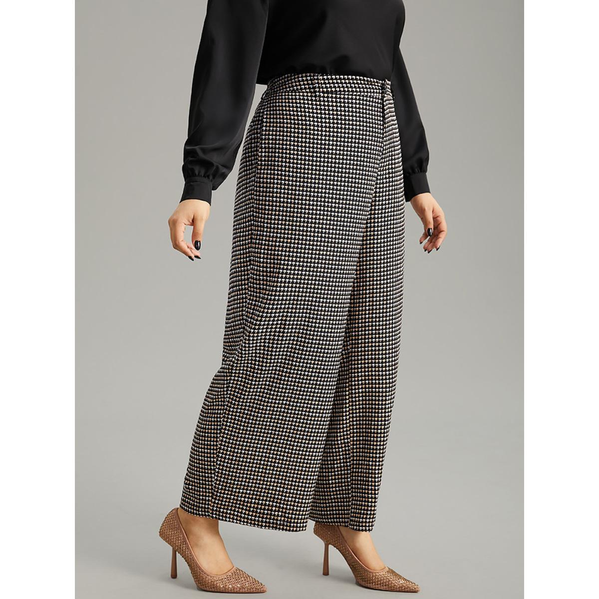 Plus Size Houndstooth Elastic Waist Straight Leg Pants Women Black Office Straight Leg High Rise Work Pants BloomChic 14-16/1X Product Image