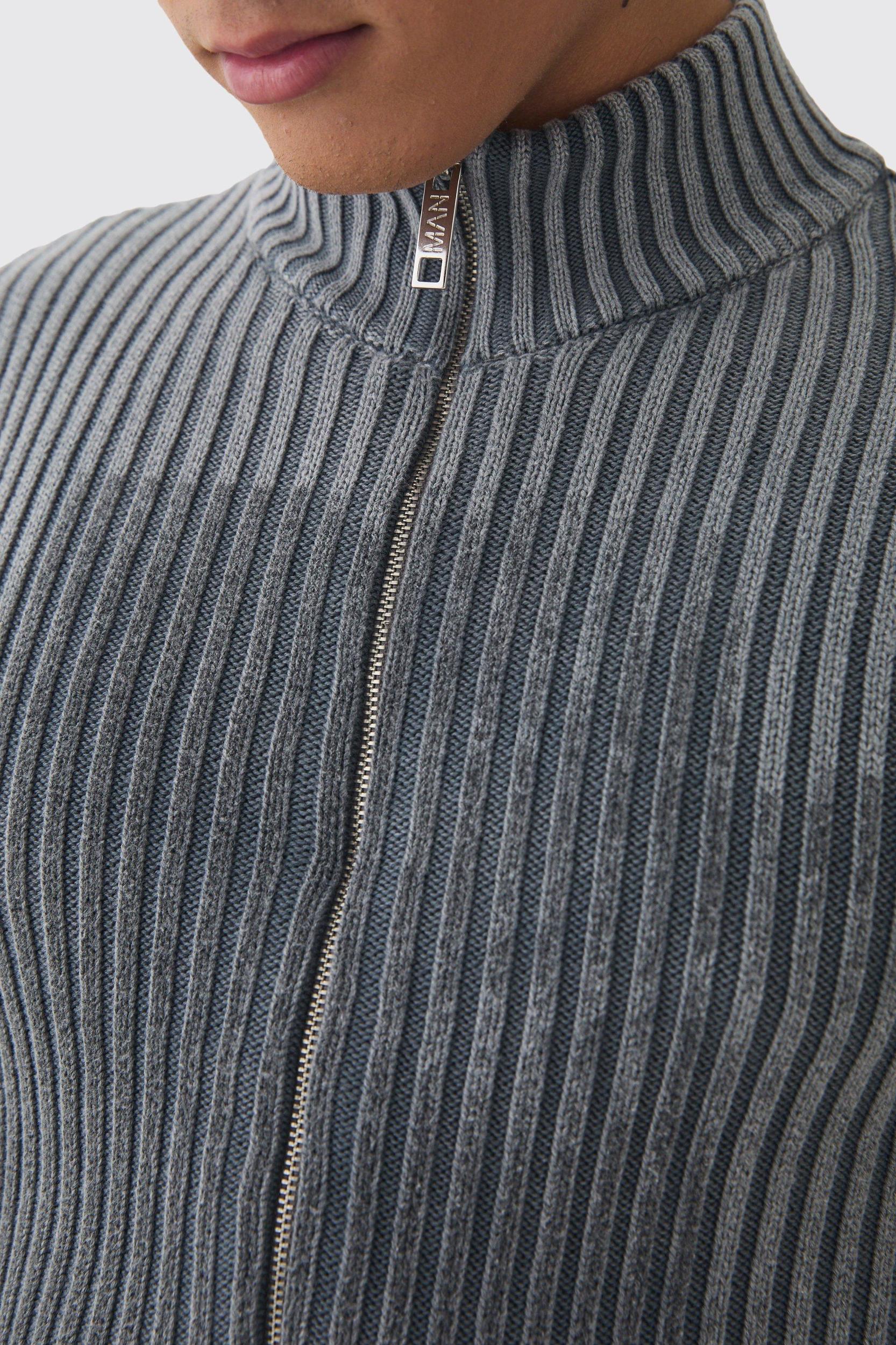 Muscle Fit Acid Wash Knit Zip Through Sweater | boohooMAN USA Product Image