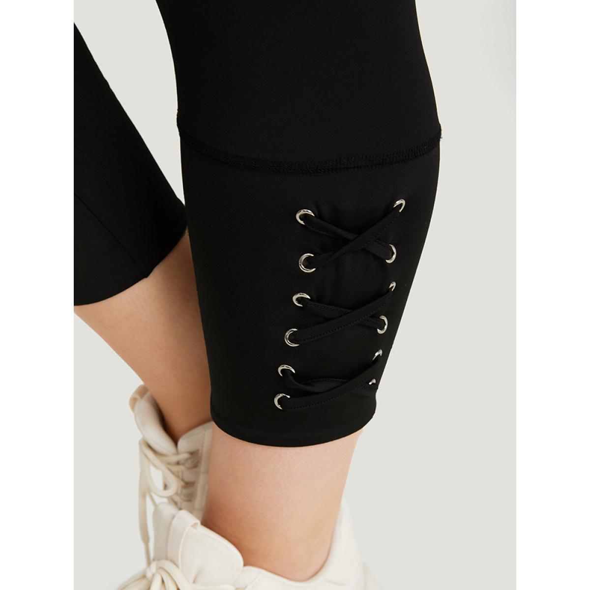 Plus Size Plain Crisscross Hem Elastic Waist Skinny Leggings Women Black Casual No stretch Skinny High Rise Dailywear Leggings BloomChic 30/6X Product Image