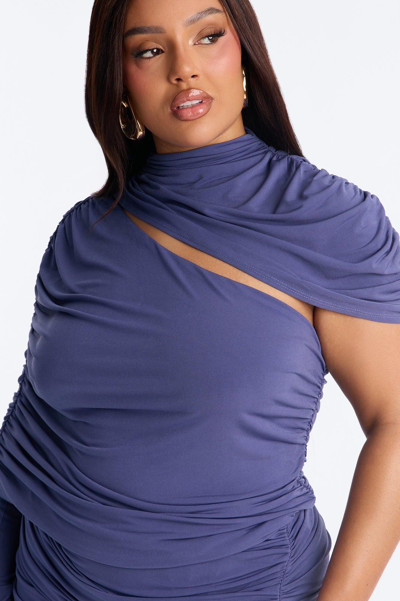 Untamed One Shoulder Draped Bodysuit - Dusty Blue Female Product Image
