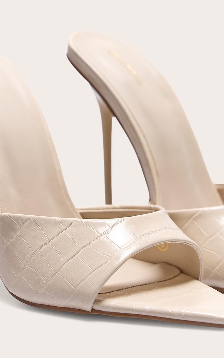 Cream Croc Pu Point Toe High Stiletto Heeled Mules Product Image