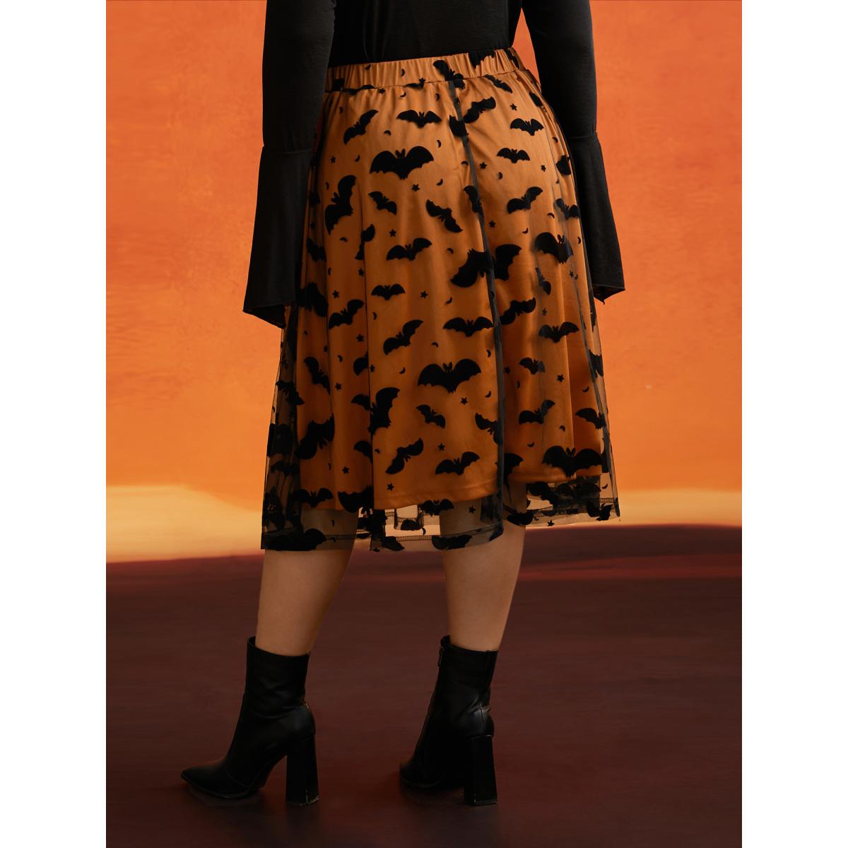 Plus Size Bat Motif A-Line Midi Skirt Women Brightorange Elegant Low stretch Everyday Skirts BloomChic 26/4X Product Image