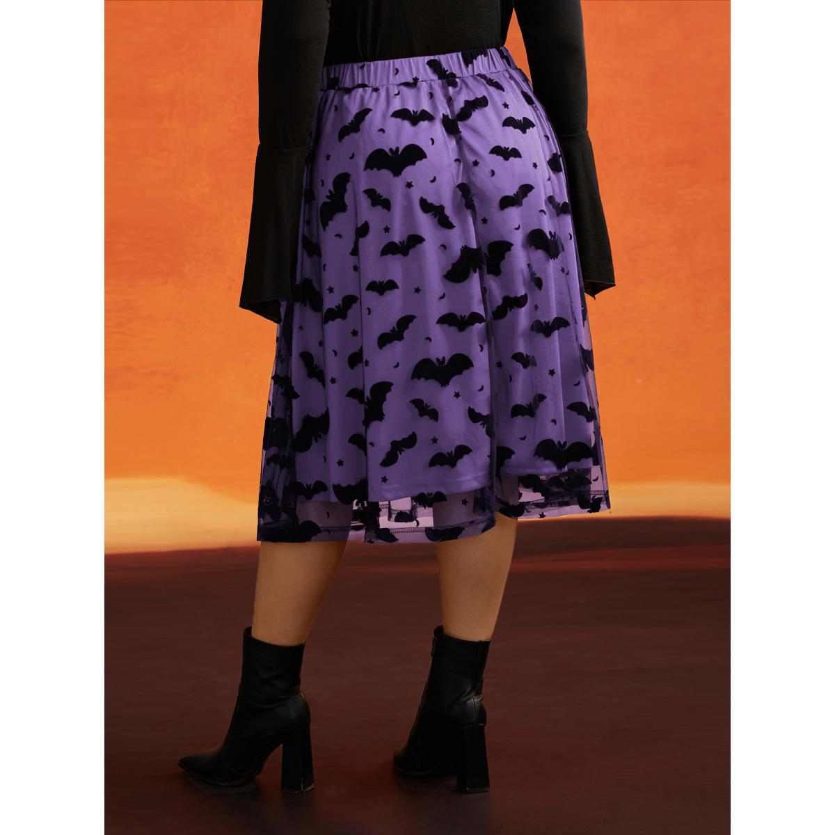 Plus Size Bat Motif A-Line Midi Skirt Women Deeppurple Elegant Low stretch Everyday Skirts BloomChic 14-16/1X Product Image